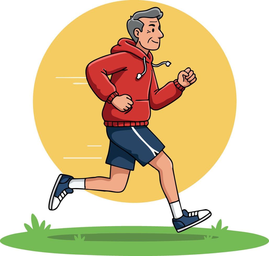Older man jogging in red hoodie and navy shorts running outdoors with yellow sun background illustration vector