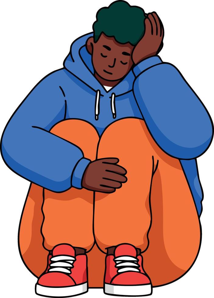 Young man sitting with head resting on hand wearing blue hoodie orange pants and red shoes illustration vector