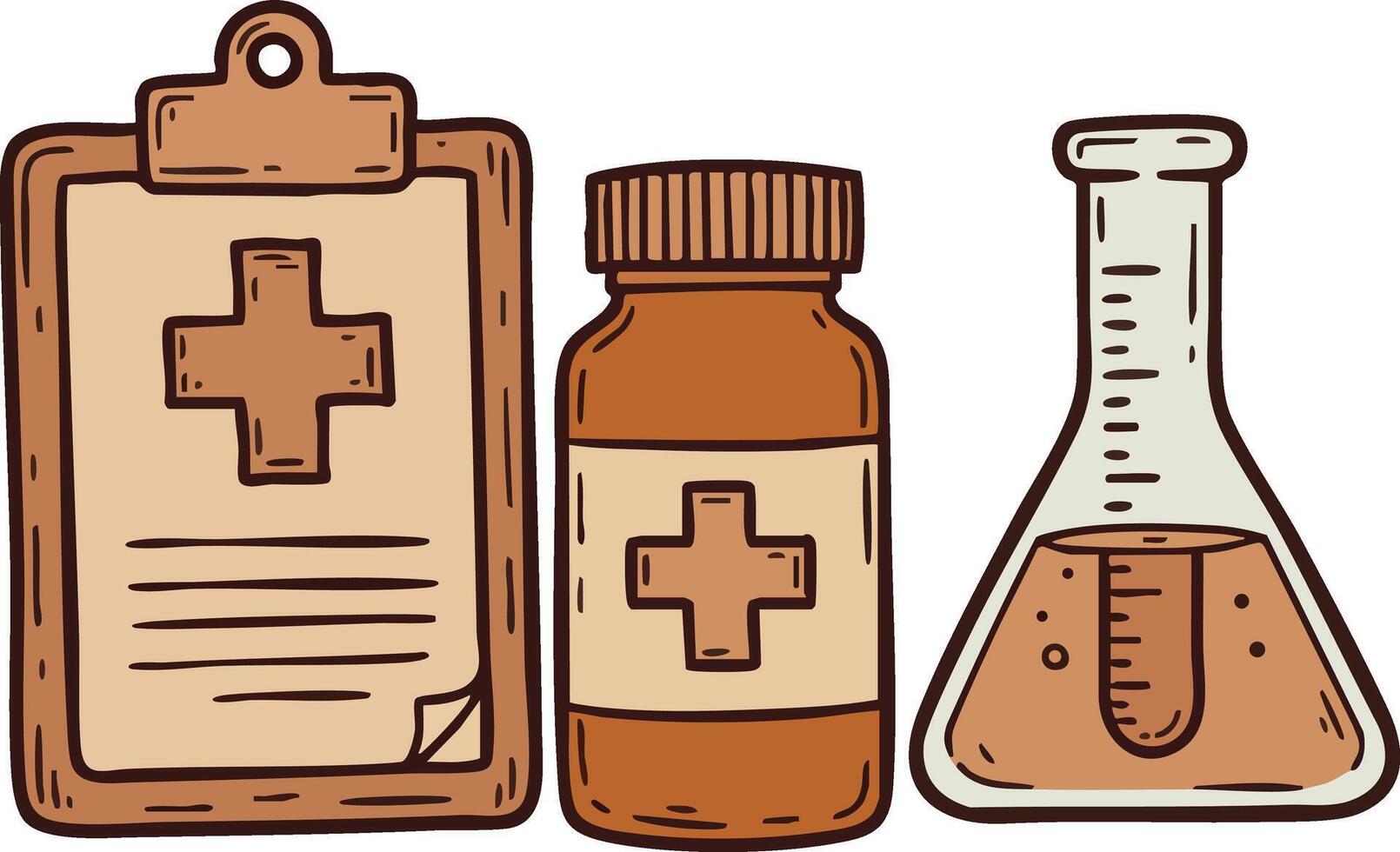 Medical clipboard prescription bottle and laboratory flask set in brown tones illustration for healthcare and science design vector