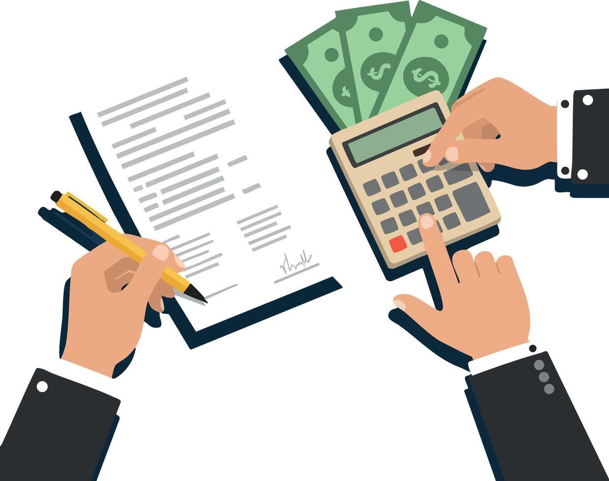Business hands calculating finances with calculator and contract paper near money cash illustration vector