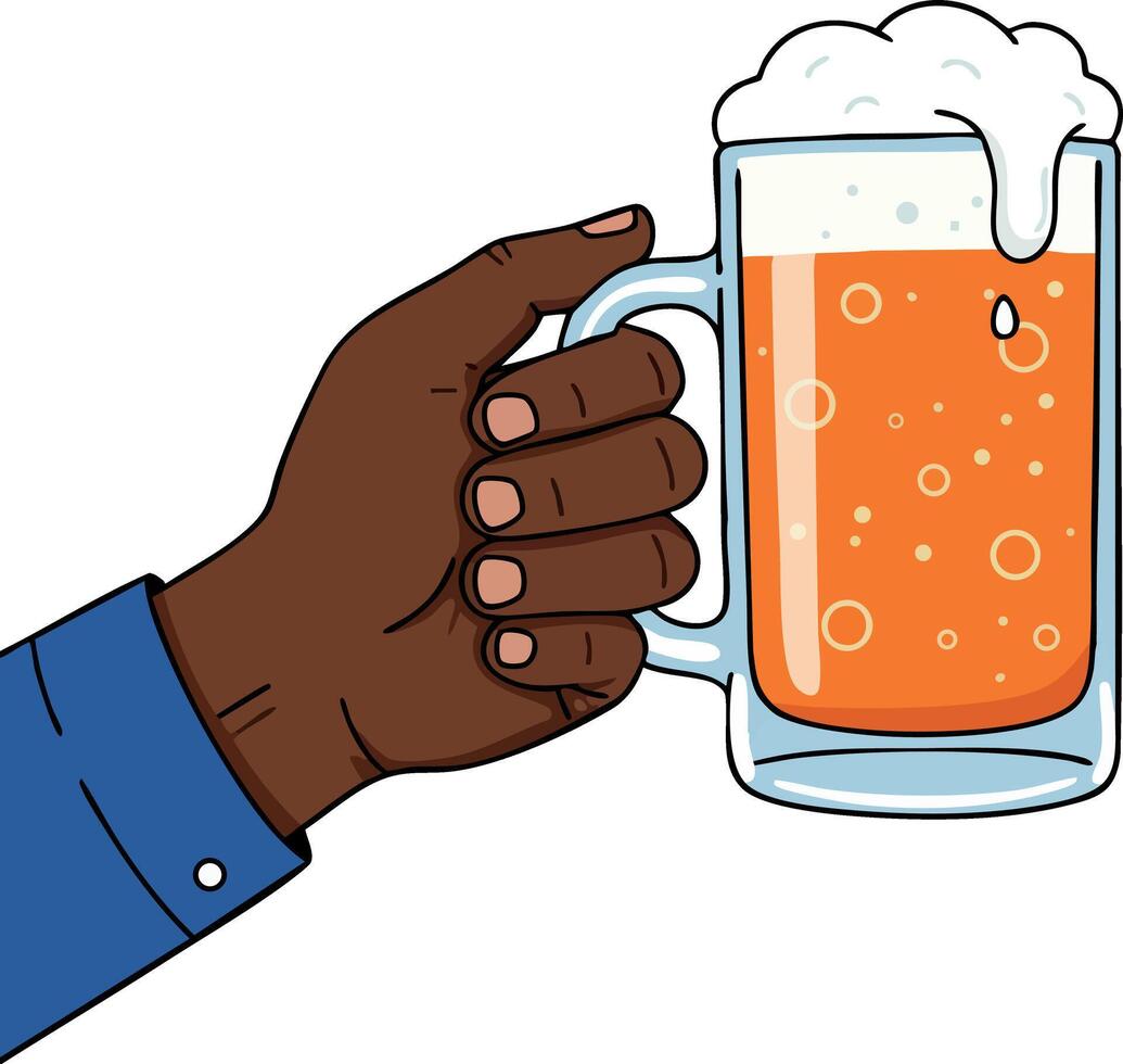Hand holding glass mug filled with foamy amber beer drink illustration design vector
