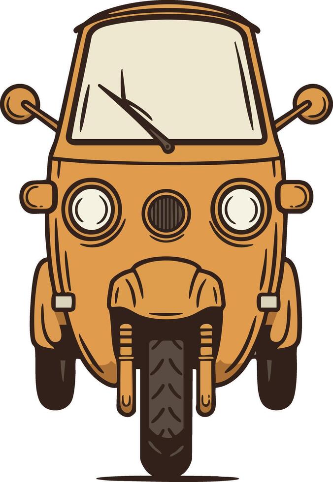 Vintage three wheel scooter front view illustration with brown color and detailed design vector