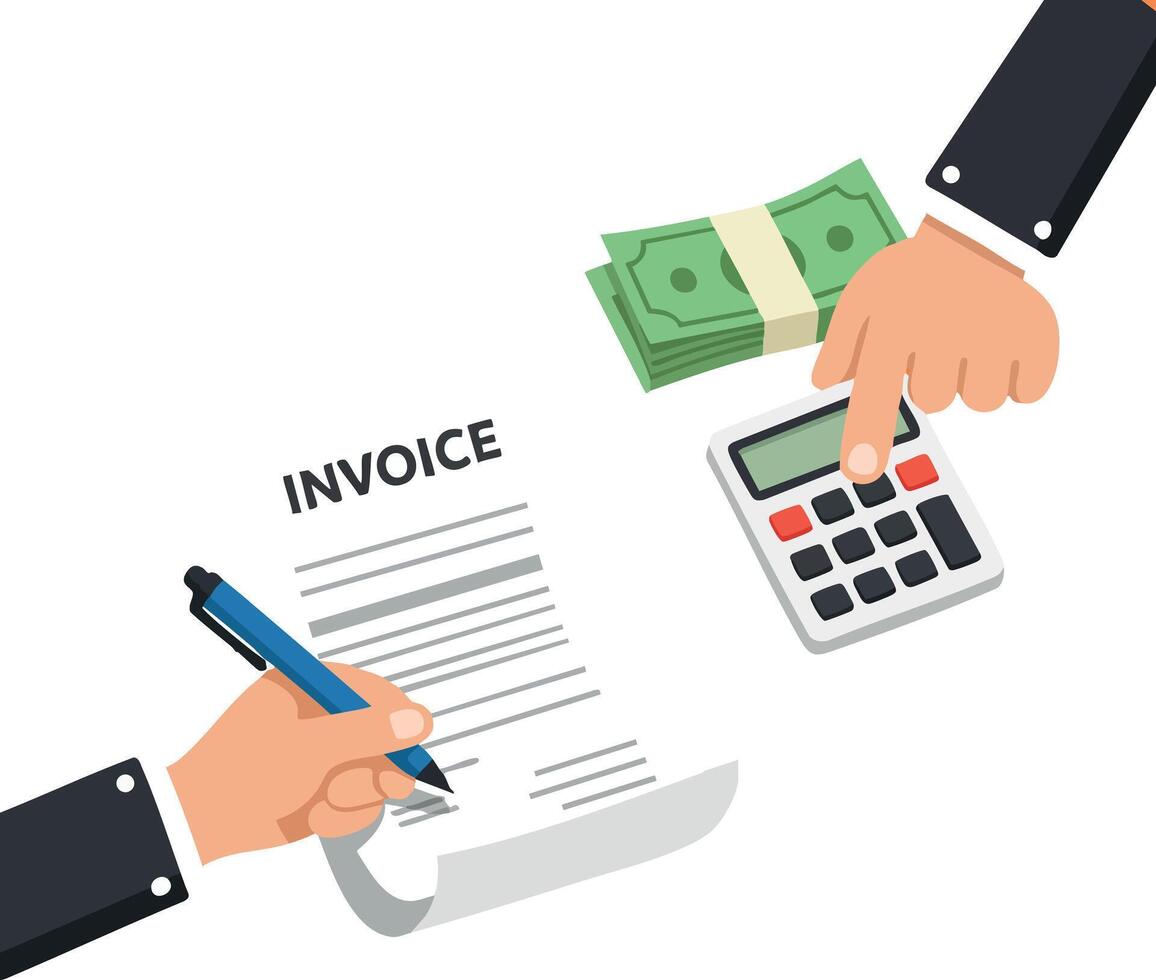 Invoice calculation with money and calculator on white background for business finance and accounting tasks vector