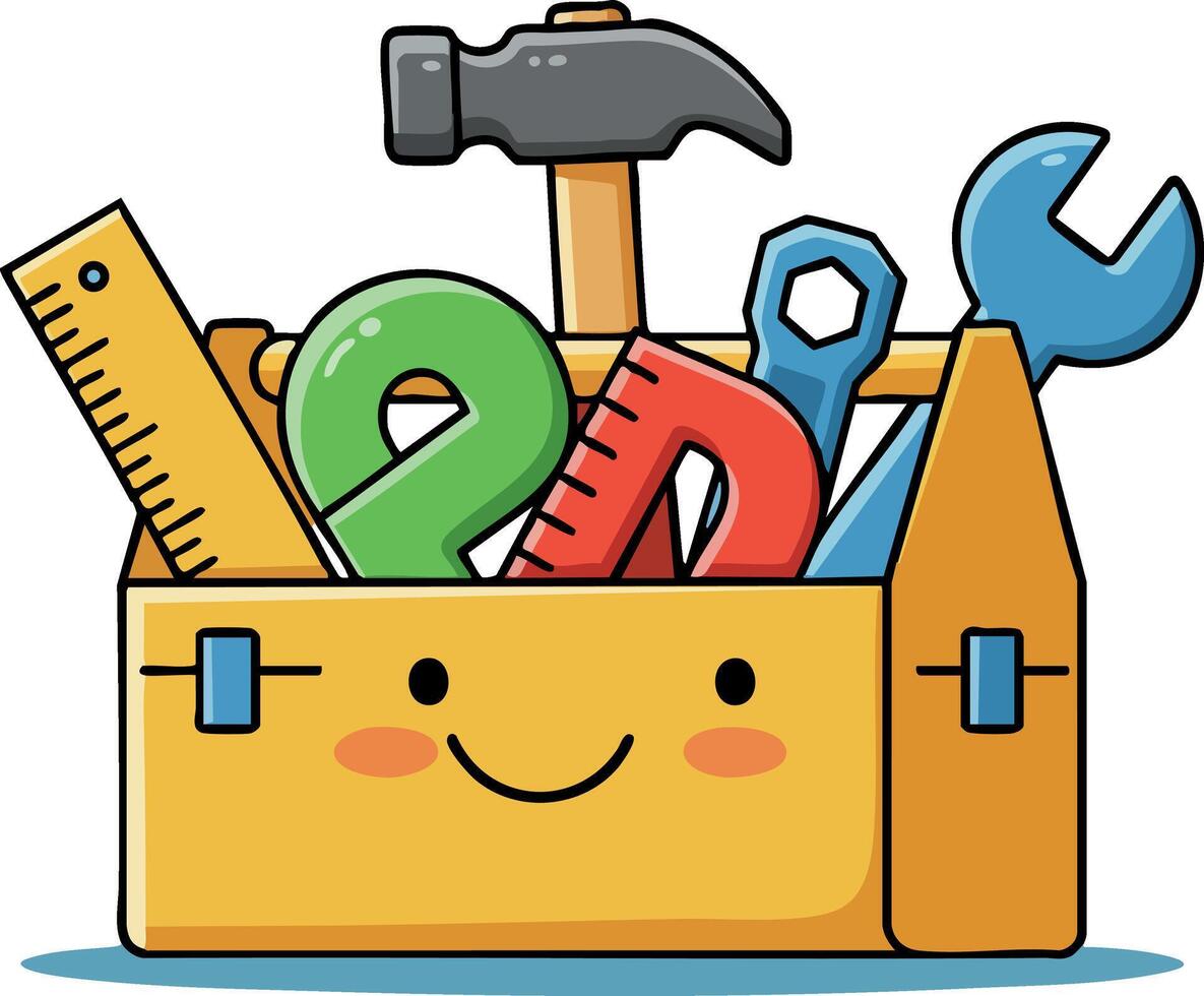 Toolbox with cute happy face filled with hammer wrench ruler and protractor illustration design vector