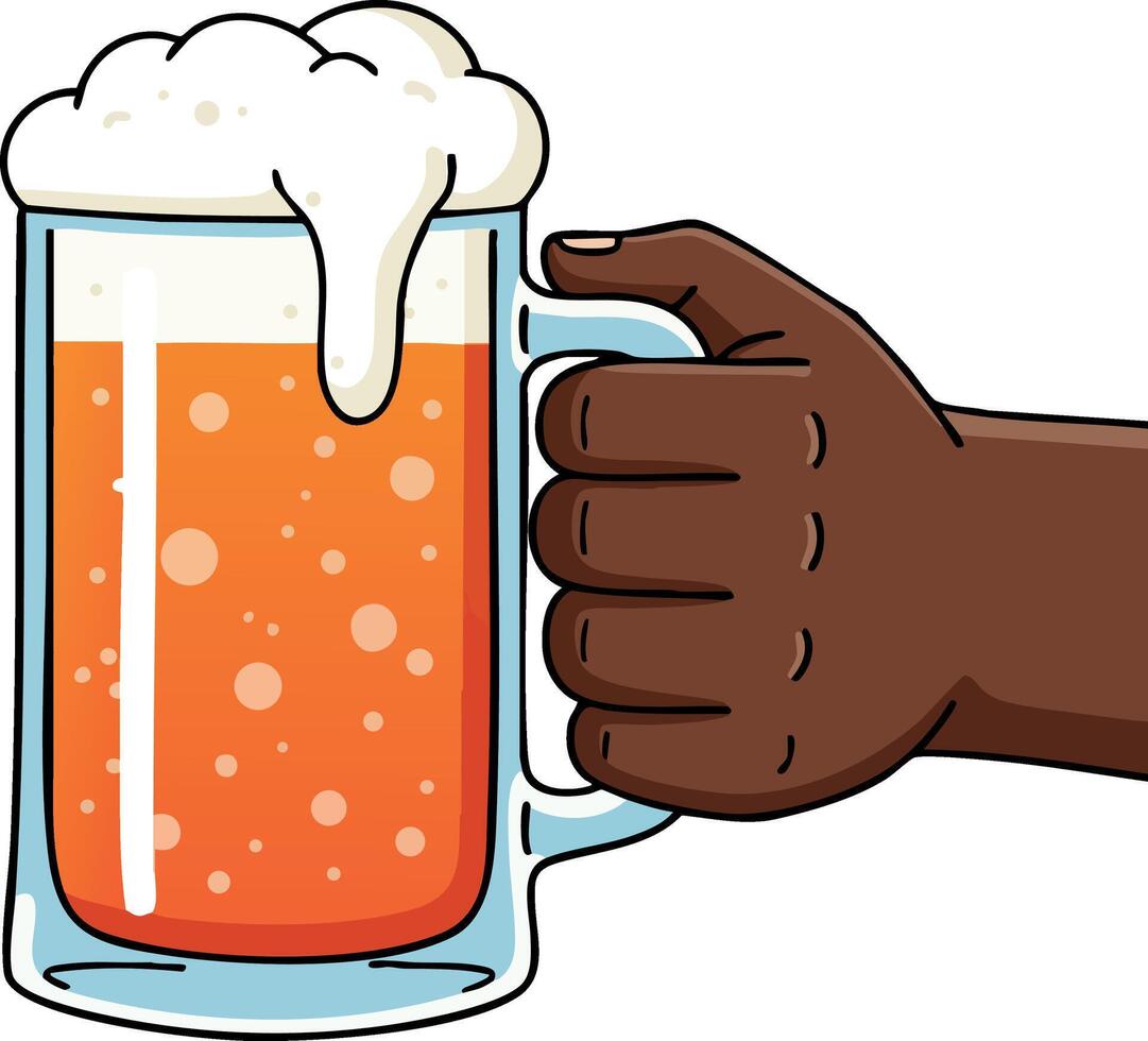 Hand holding frothy beer mug with orange liquid and bubbles illustration for beverage and leisure design vector