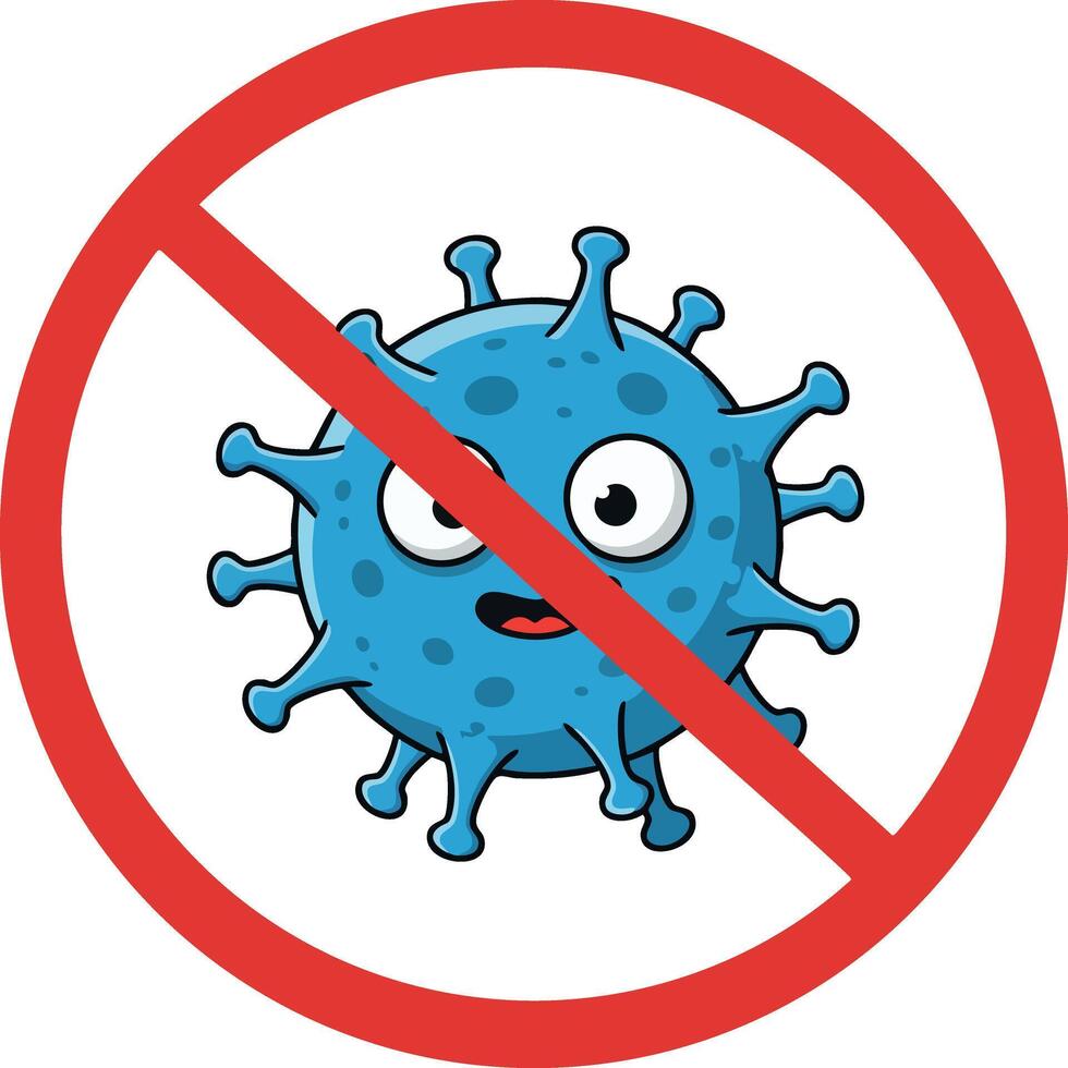 Blue virus character with red prohibition sign cartoon style illustration for health awareness and disease prevention vector