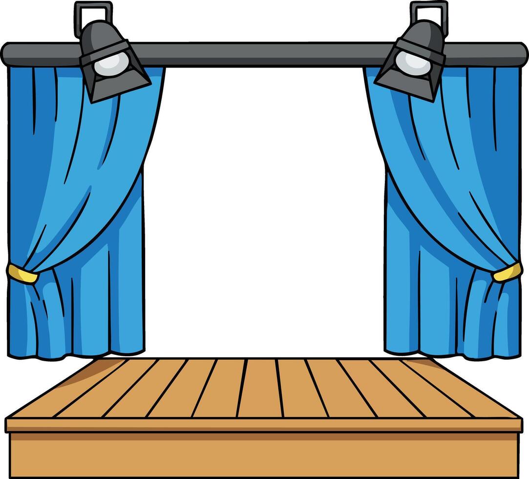 Stage platform with blue curtains and overhead spotlights for theatrical performances and presentations vector