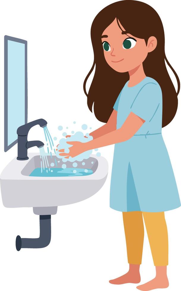 Young girl washing hands hygiene clean water sink bathroom health care illustration vector