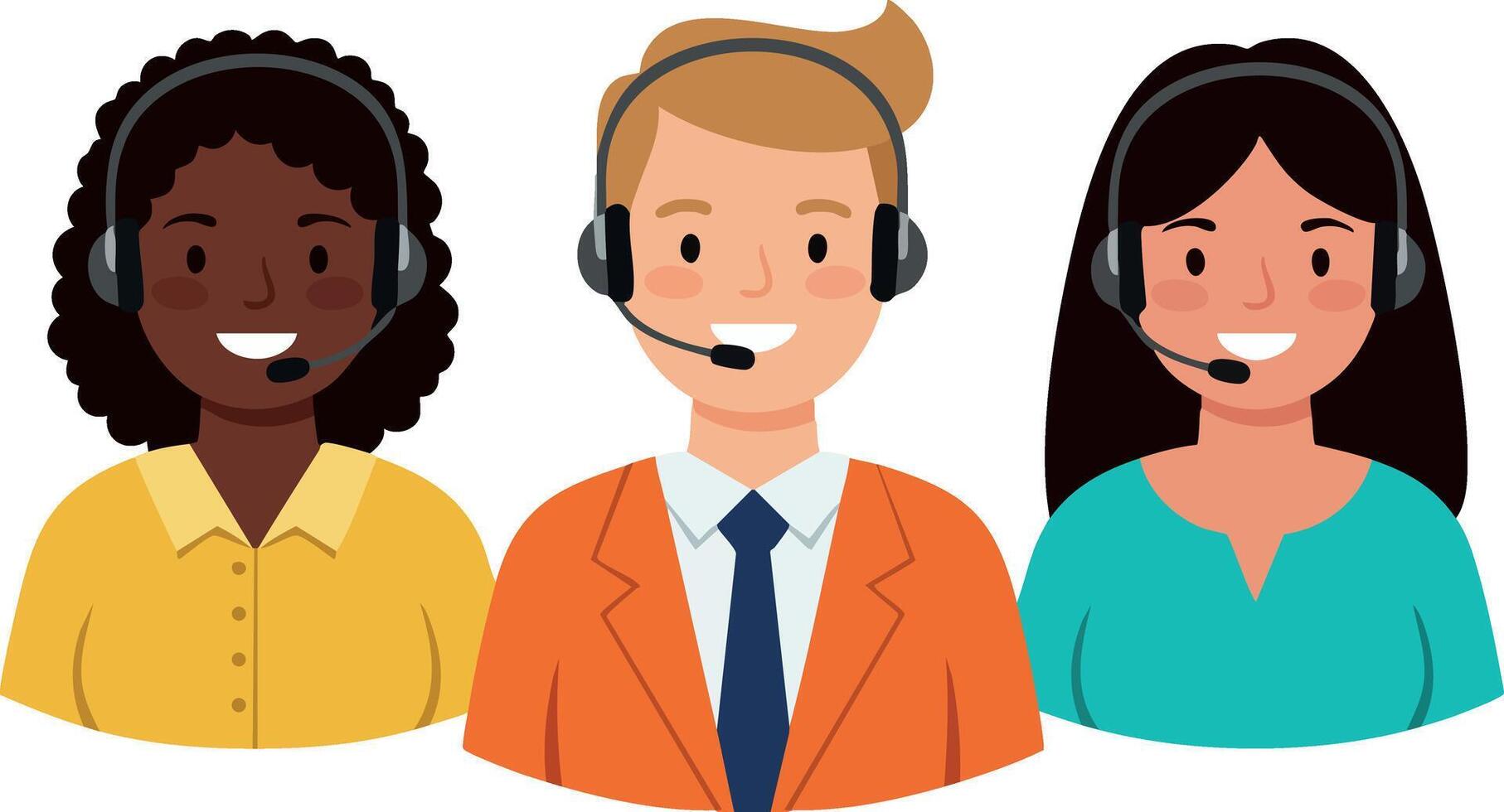 Customer support team with headset working together in call center communication service illustration vector