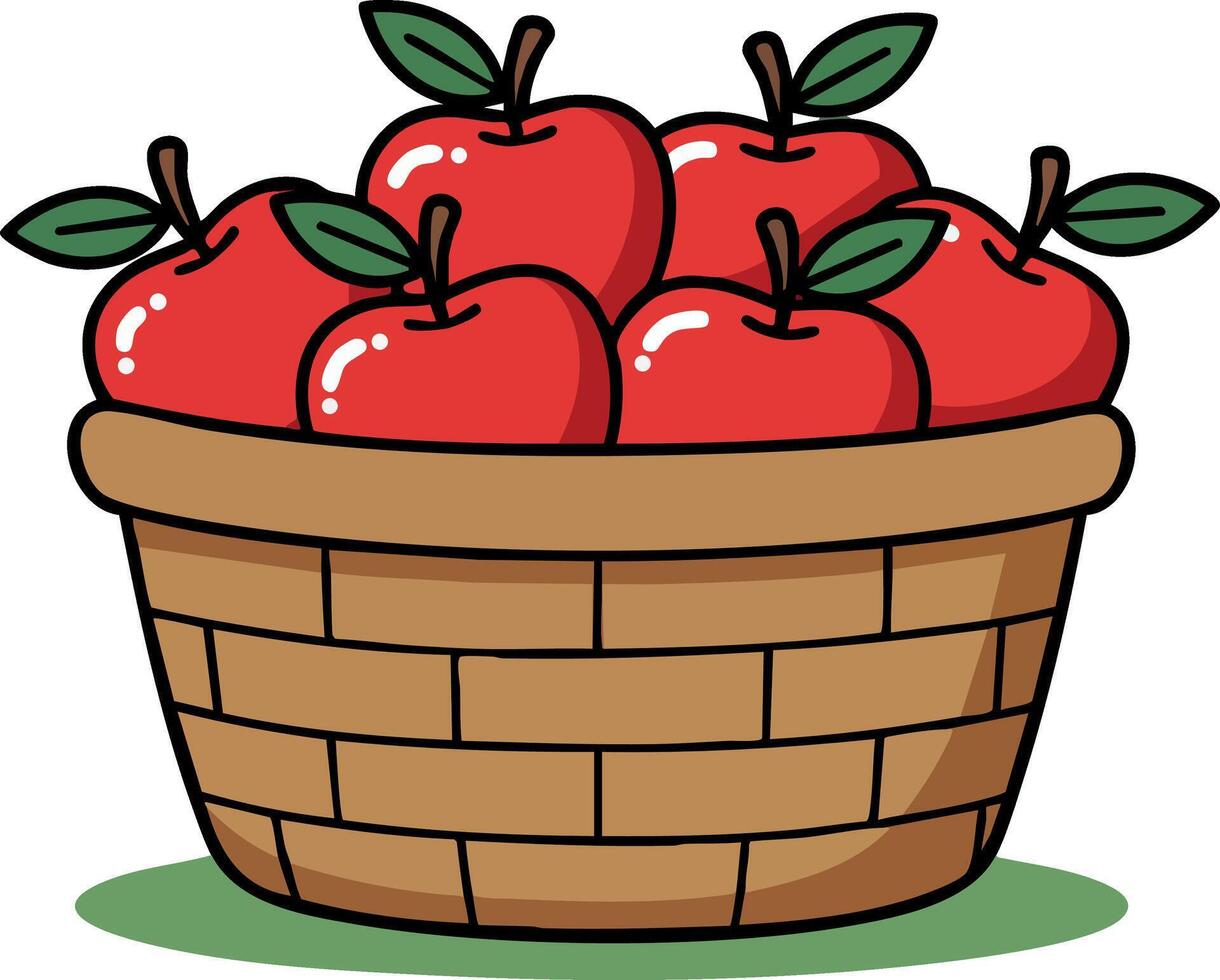 Basket full of fresh red apples with green leaves simple hand drawn fruit illustration vector