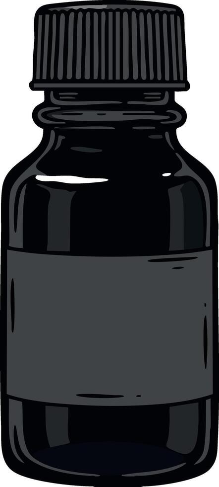 Small black medicine bottle with black cap and blank label for essential oils or liquid storage illustration vector