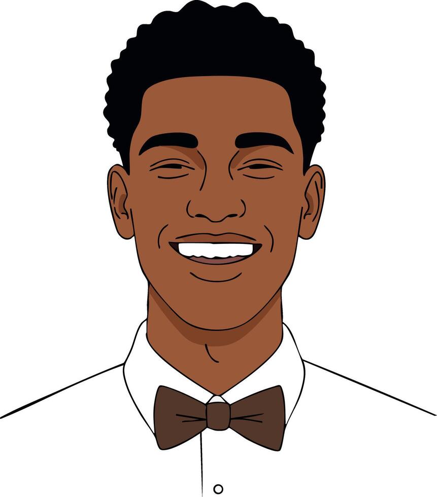 Smiling young man with curly hair wearing brown bow tie and white shirt portrait illustration vector