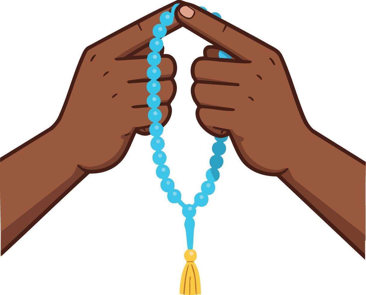 Hands holding blue prayer beads with yellow tassel spiritual meditation and faith concept illustration vector