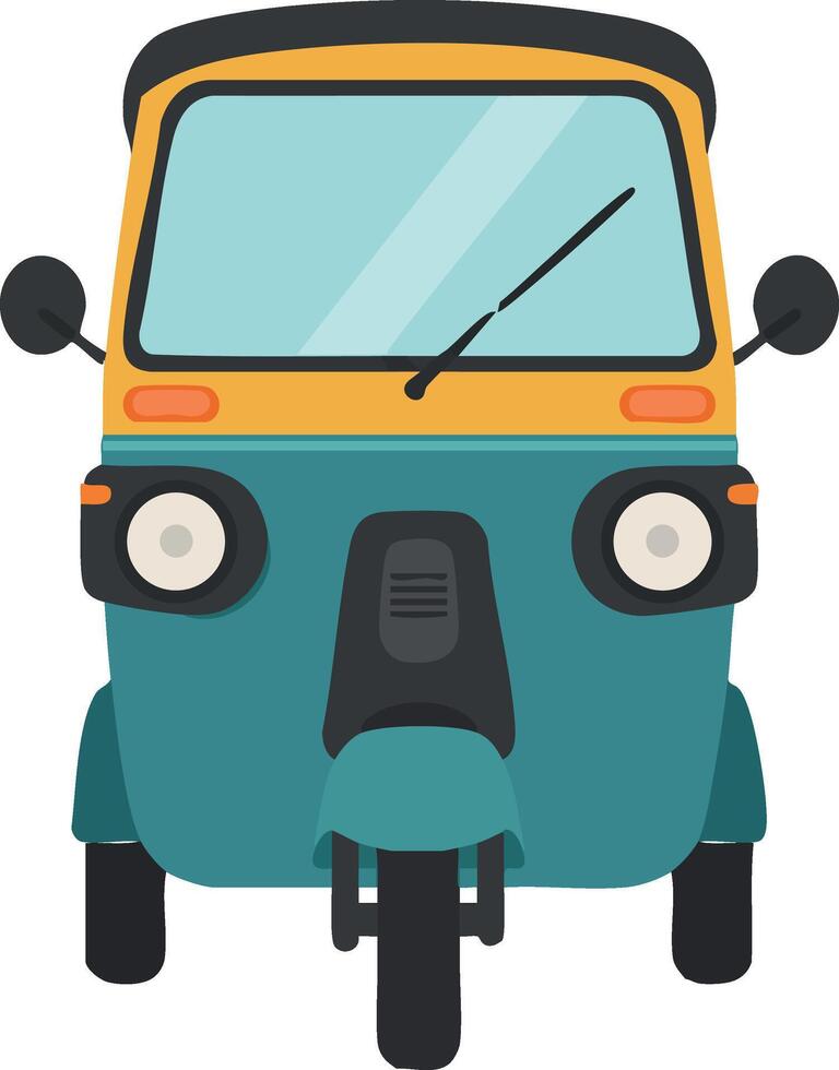 Auto rickshaw front view vehicle design with teal blue and yellow colors illustration vector