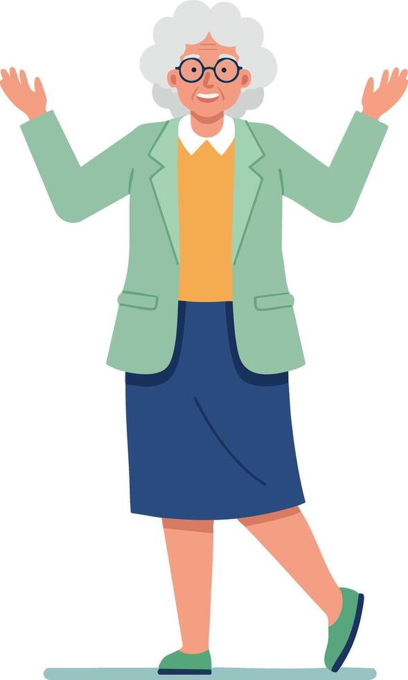 Elderly woman smiling and dancing in casual outfit with glasses and white hair illustration vector