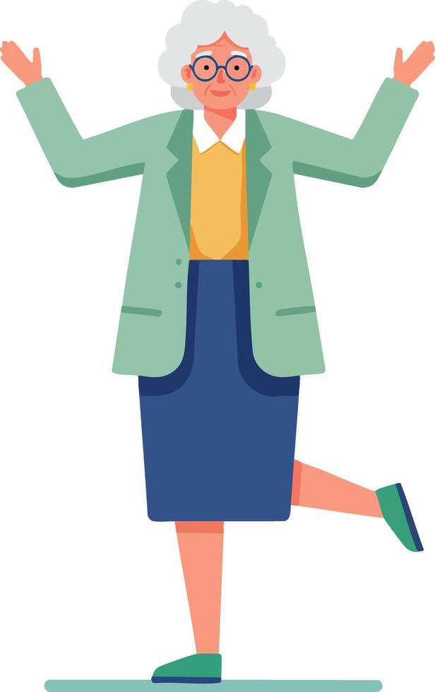 Elderly woman standing on one leg with arms raised wearing glasses green jacket and blue skirt cheerful pose illustration vector