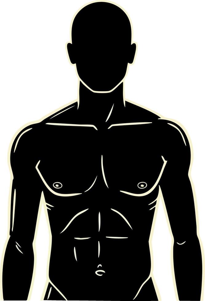 Male torso silhouette with muscular chest and defined abs artistic black and white design vector