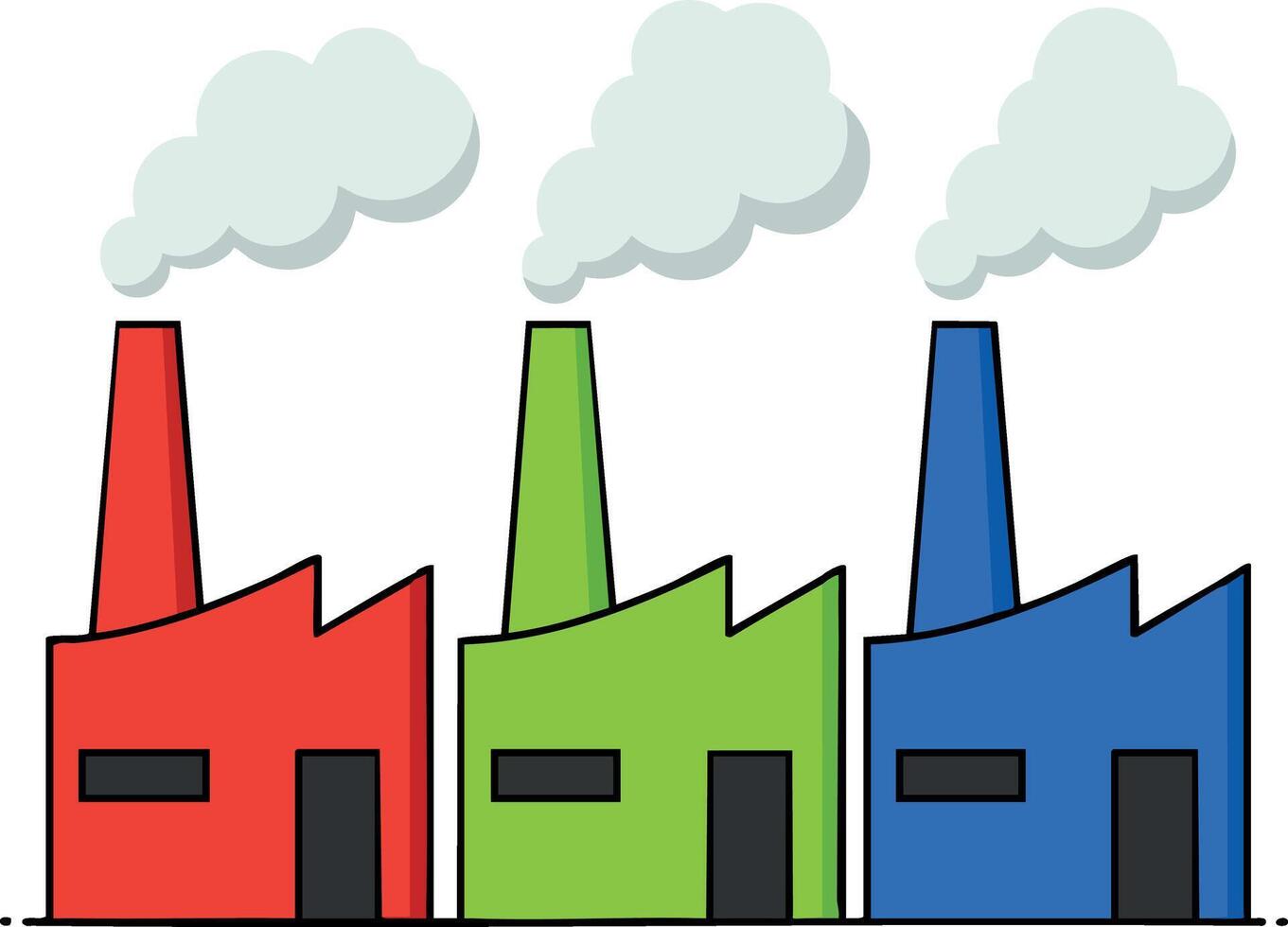 Colorful factory buildings with red green and blue chimneys emitting smoke illustration vector