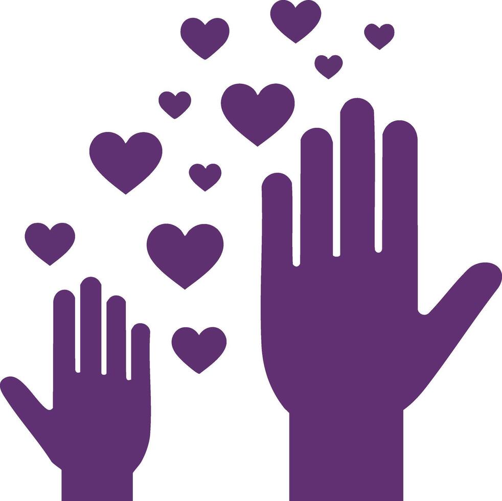 Purple hands with floating hearts symbolizing love care and support in design vector