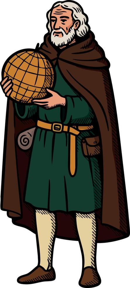 Medieval explorer holding globe in cloak with green robe and belt detailed illustration vector