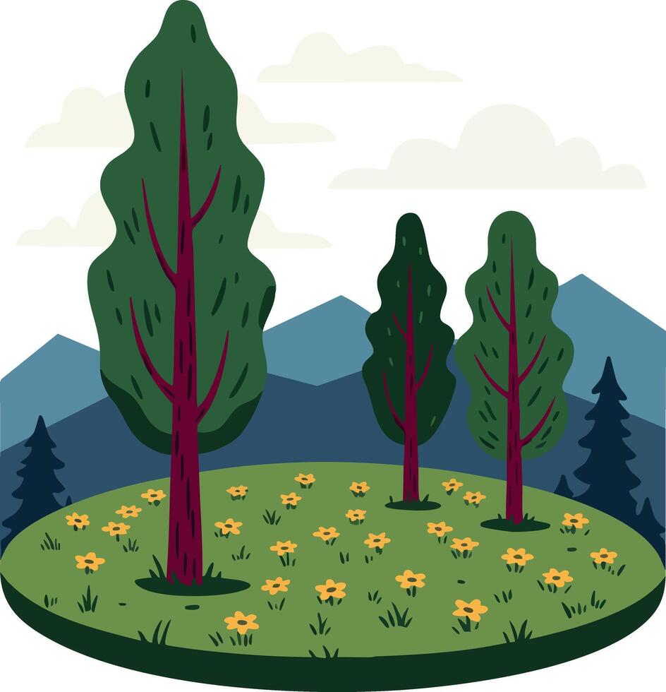 Landscape with tall green trees and yellow flowers in meadow with blue mountains and cloudy sky illustration vector