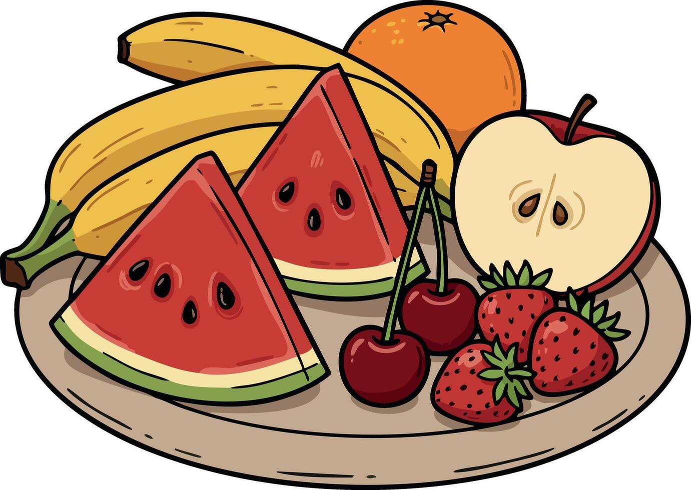 Fresh fruit plate with watermelon slices bananas orange apple cherries and strawberries in colorful style vector
