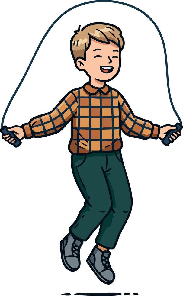 Boy jumping rope smiling with blond hair wearing checkered sweater and green pants illustration vector