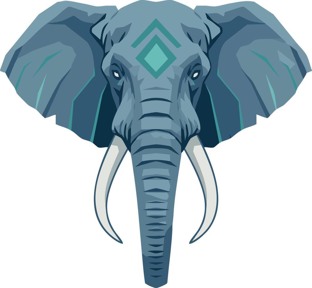 Elephant head front view with tribal pattern design in blue and teal shades for wildlife artwork vector