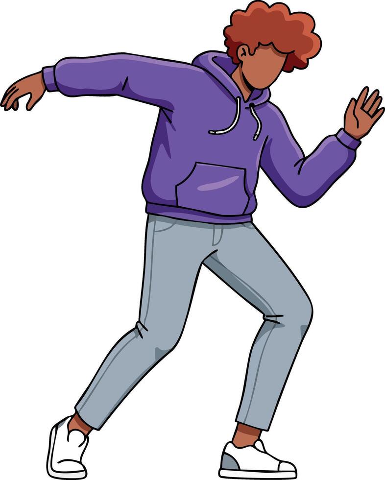 Young man in purple hoodie dancing stylishly with casual gray pants and white sneakers illustration vector