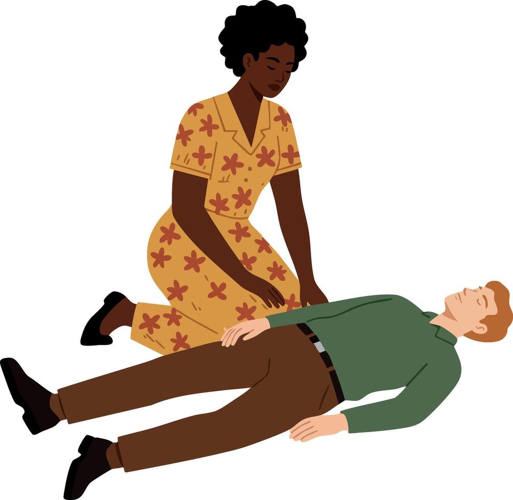 Woman performing first aid CPR on man lying down emergency help training illustration vector