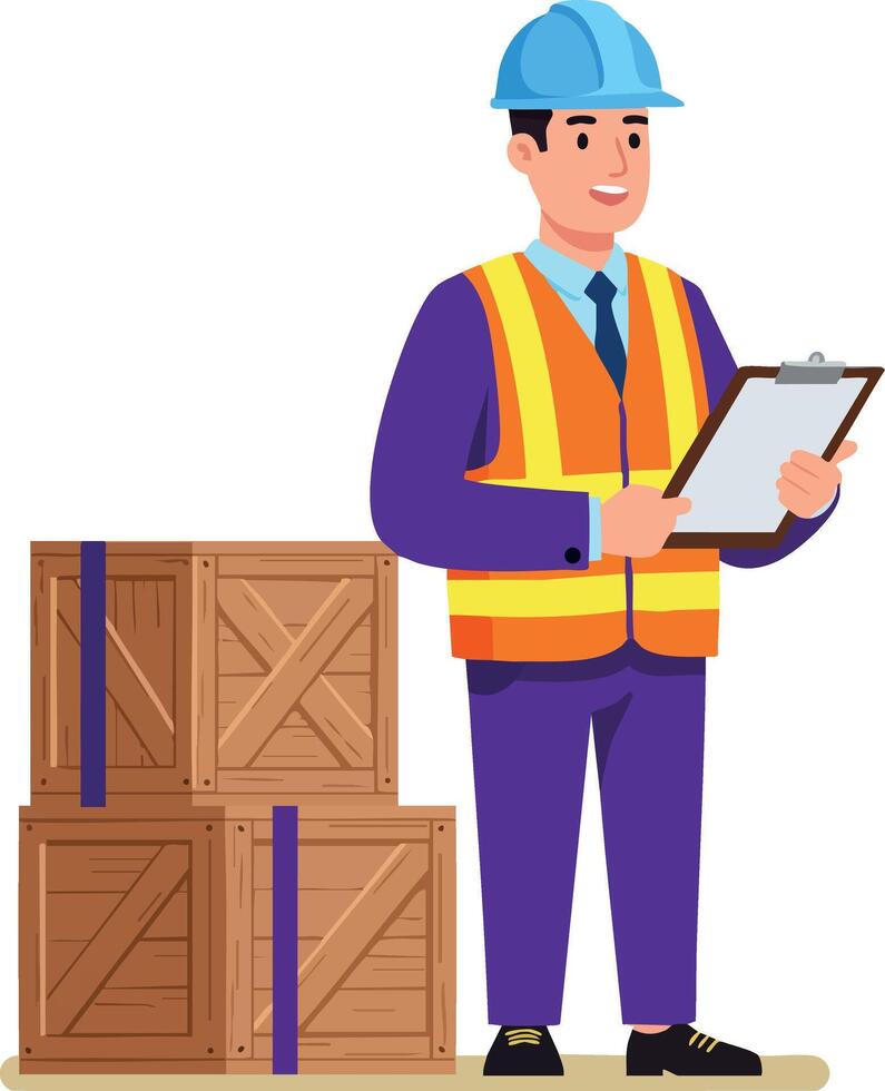 Construction worker wearing safety vest and helmet inspecting wooden crates with clipboard in warehouse illustration vector