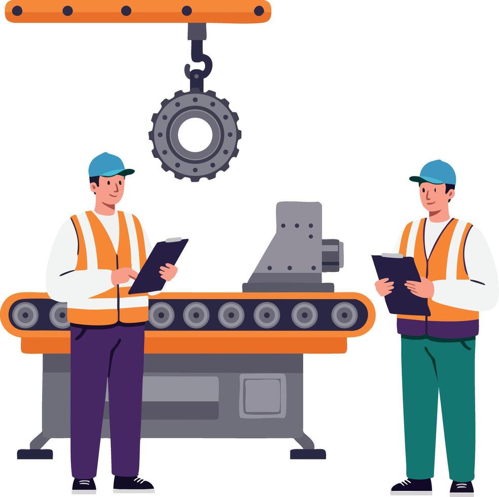 Factory workers inspecting machinery and conveyor belt in industrial setting illustration vector