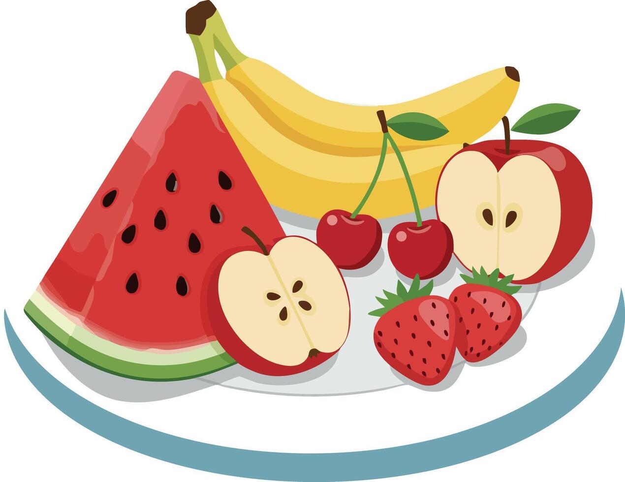Fresh colorful fruit plate with watermelon banana apple cherries and strawberries illustration vector