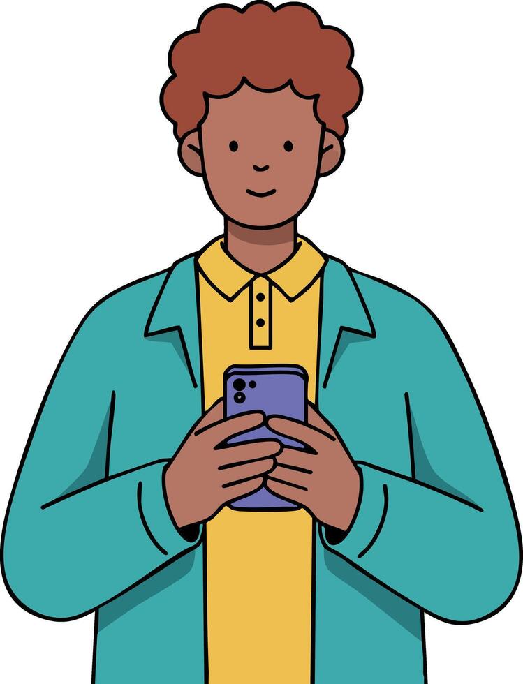 Young man using smartphone with teal jacket and yellow shirt casual technology communication illustration vector