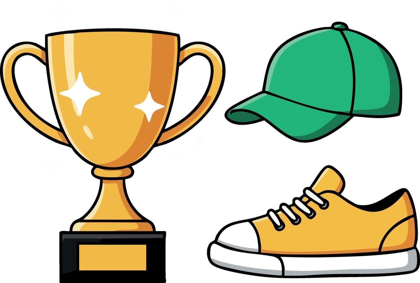 Sports trophy with green cap and yellow sneaker icons for competition and athletic achievement illustration vector