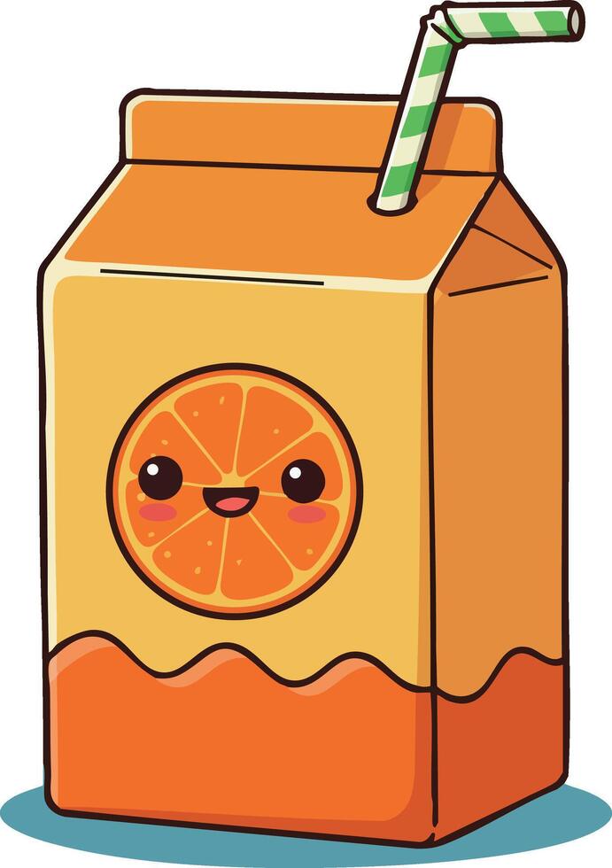 Cute orange juice carton with smiling face and green striped straw illustration for kids and beverage design vector
