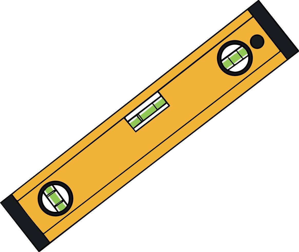 Spirit level tool with yellow body and black ends for measuring horizontal alignment illustration vector