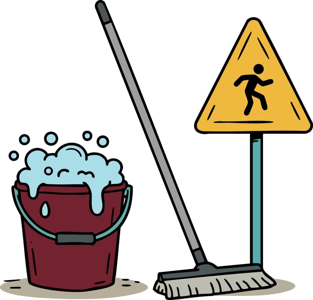 Cleaning bucket with foam mop and caution wet floor sign for workplace safety and hygiene illustration vector