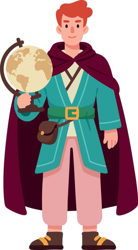 Young red-haired boy holding globe wearing teal coat and maroon cape fantasy character illustration vector