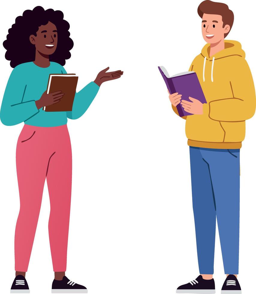 Two students discussing while holding books in casual colorful clothes illustration vector