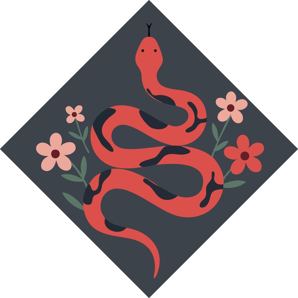 Red snake coiled among pink and red flowers with dark grey background design vector