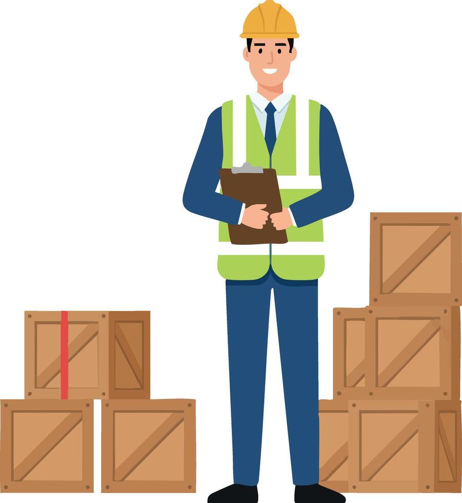 Construction worker wearing safety vest and helmet standing with clipboard near wooden crates in warehouse or site setting illustration vector