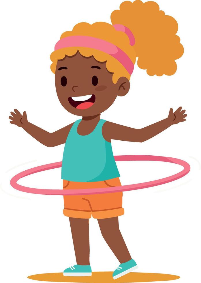 Girl playing with pink hula hoop wearing turquoise tank top and orange shorts happy active child exercise fun summer outdoor leisure illustration vector