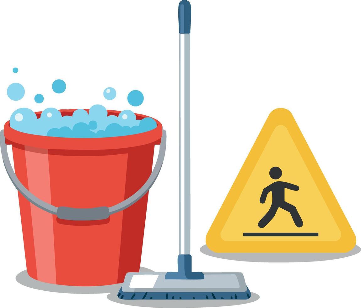 Cleaning bucket with mop and caution sign safety equipment for wet floor hazard prevention vector