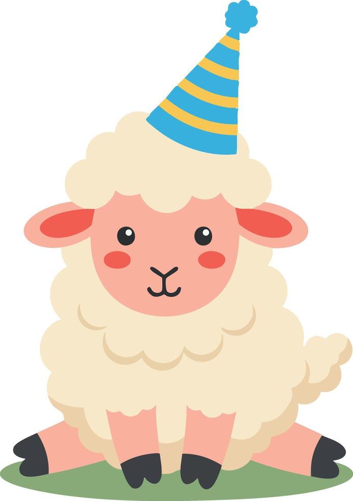 Cute fluffy lamb with party hat sitting on grass illustration for birthday celebration and festive fun vector