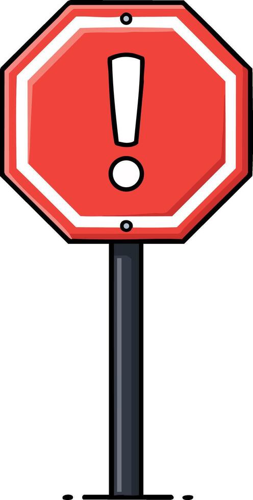Red octagonal warning sign with exclamation mark on black pole illustration for caution and alert messages vector