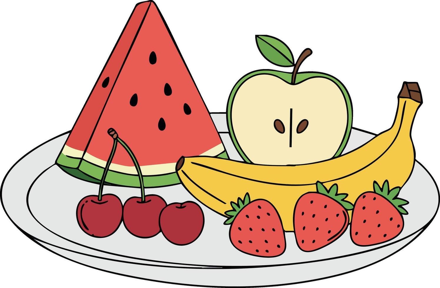 Fresh colorful fruits plate with watermelon apple banana cherries and strawberries illustration vector