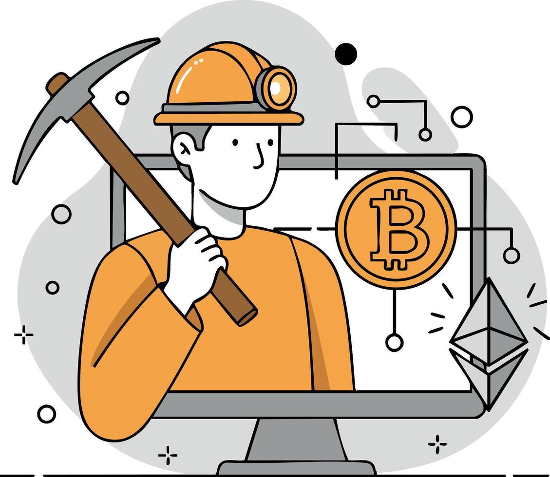 Cryptocurrency miner with pickaxe and helmet mining bitcoin and ethereum digital coins on computer screen illustration vector