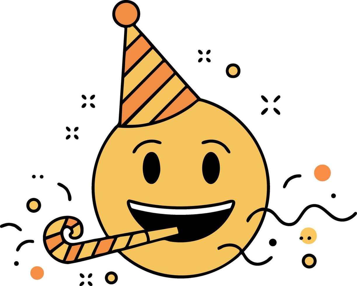 Happy smiling face emoji with party hat and blower celebrating festive occasion illustration vector