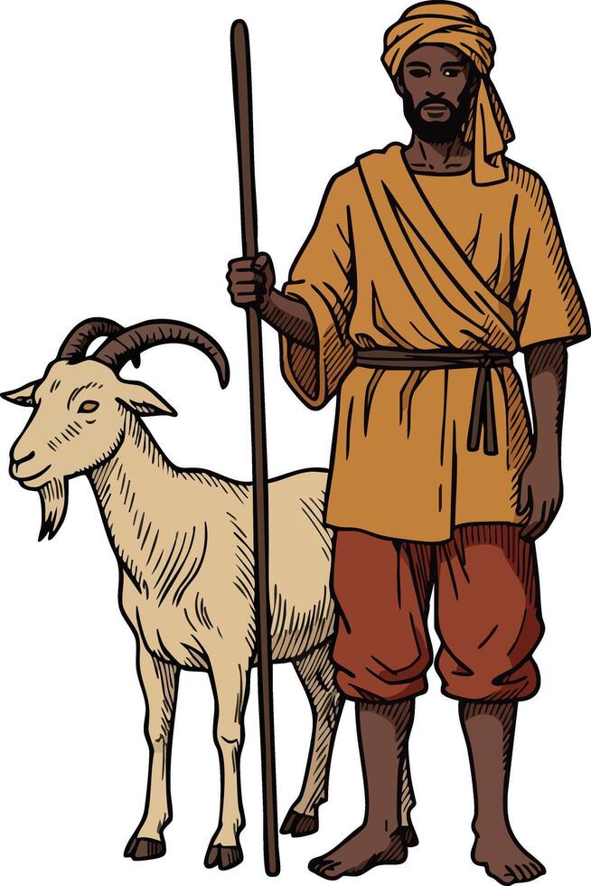 African man shepherd standing with goat holding staff wearing traditional clothing and turban in style vector